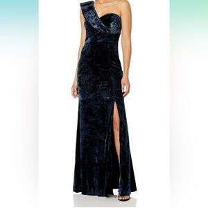 Monique Lhuillier one shoulder blue velvet with thigh slit dress